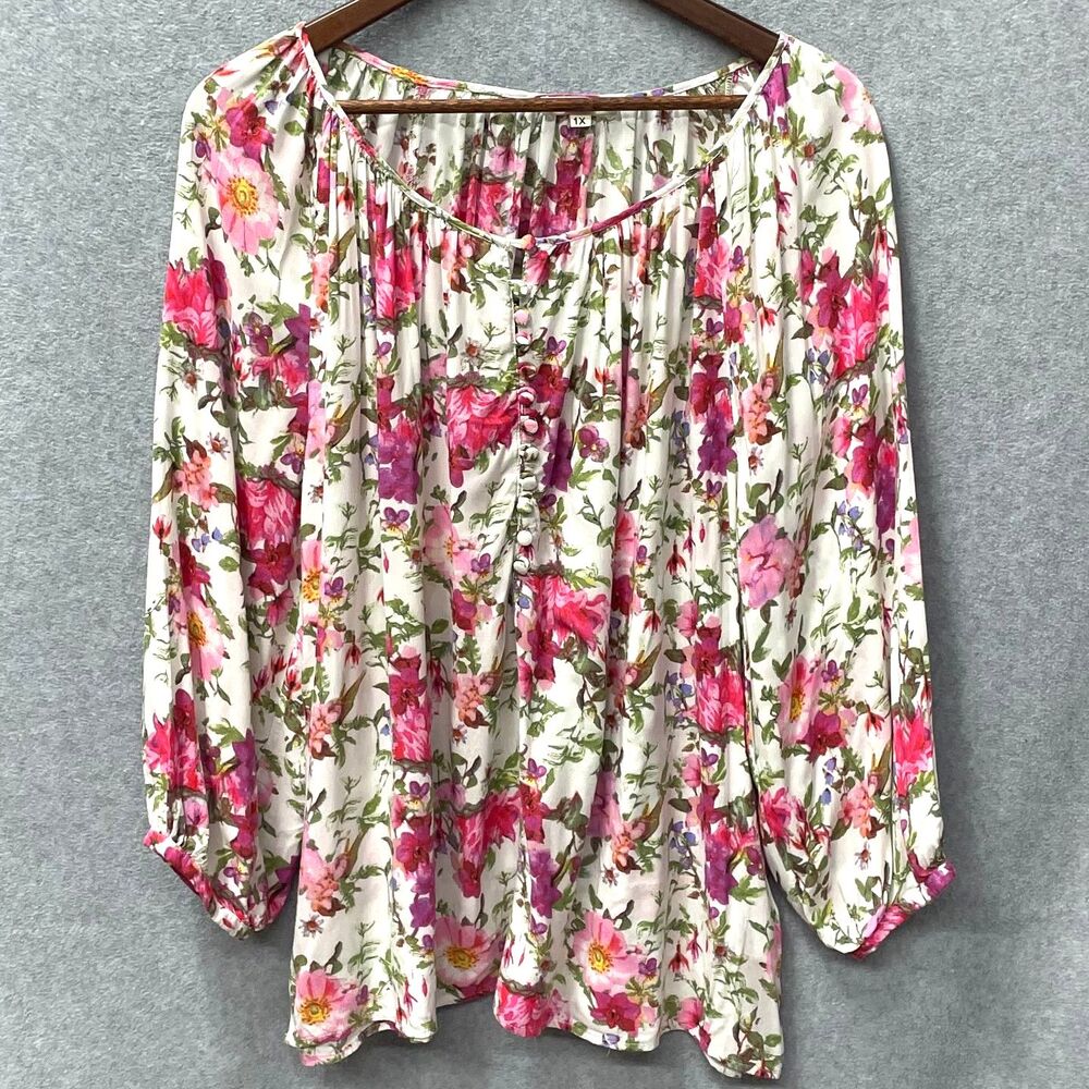 Artisan NY Floral Boho Blouse 1X Peasant Top Balloon Sleeve